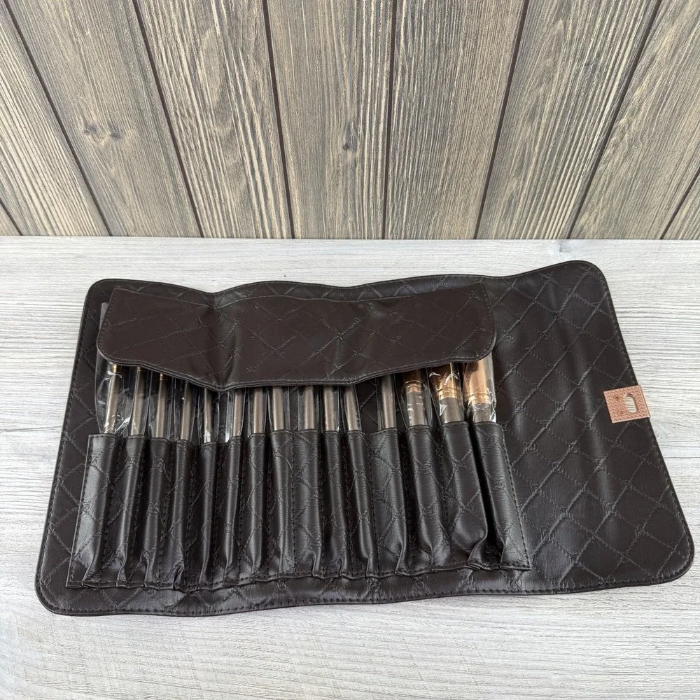 BH Cosmetics 15 Piece Makeup Brush Set w/ Brown Travel Case Rose Gold